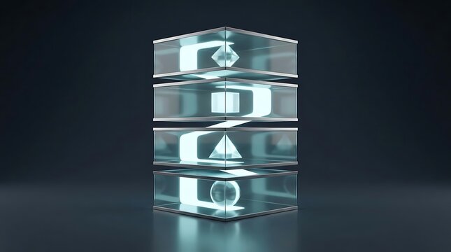 3D render, a futuristic stack of four translucent glass cubes arranged vertically, illuminated with a soft cyan neon glow, each cube contains a unique glowing geometric icon inside.