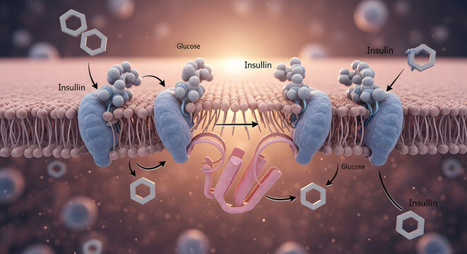 Scientific illustration of insulin binding to cell membrane receptors to facilitate glucose transport