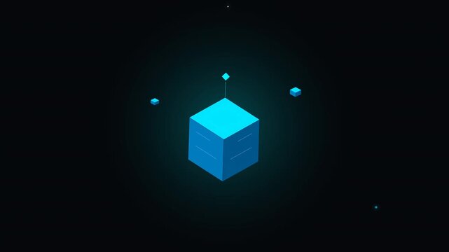 Futuristic Glowing Blue Isometric Cube Representing Digital Blockchain and Cloud Computing Data