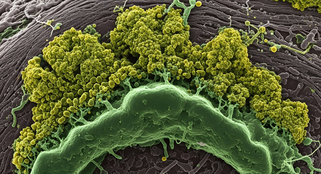 Colorized Scanning Electron Micrograph of Viral Pathogens Attacking a Cellular Membrane Surface