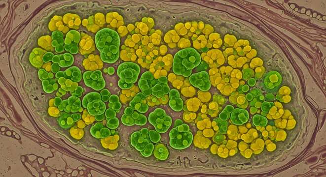 Scanning electron micrograph showing a cross-section of a peripheral nerve fiber with myelinated axons