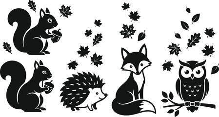 Obraz premium Set of cute forest animal silhouettes featuring squirrels hedgehog fox and owl