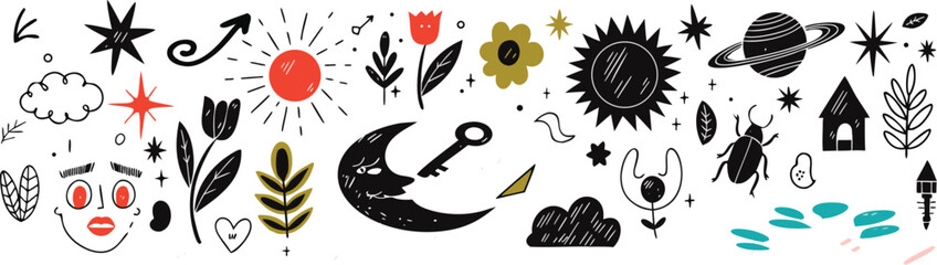 Whimsical doodle elements with sun moon stars flowers and celestial bodies on white background © Ariyan