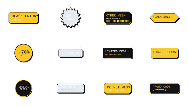 A collection of yellow and black cyber week and black friday sale tags with various messages.
