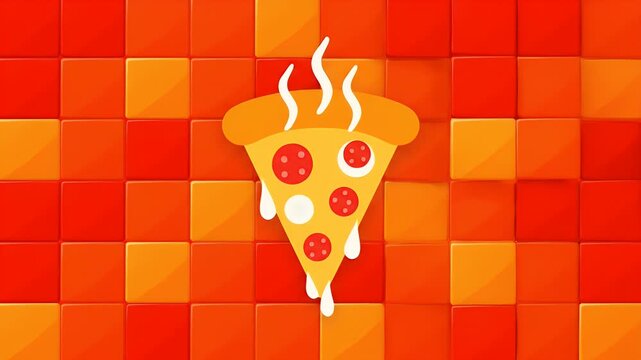 Vibrantly Illustrated Hot Pizza Slice Dripping with Melted Cheese and Pepperoni Against a Dynamic Orange and Red Checkerboard Pattern Background
