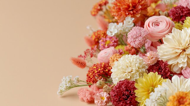 Colorful autumn flower arrangement in warm harvest season tones with generous copy space
