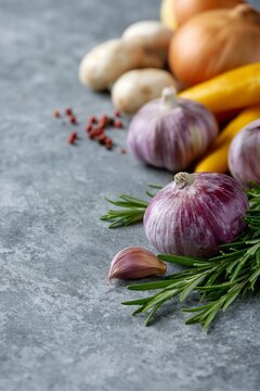 Fresh garlic, rosemary and seasonal vegetables arranged on a gray kitchen surface with copy space