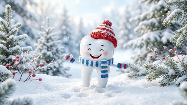 Smiling cartoon tooth character wearing red pom-pom hat and blue striped scarf waving in snowy pine forest. Fun dental mascot promoting winter oral health care. Holiday teeth protection and hygiene