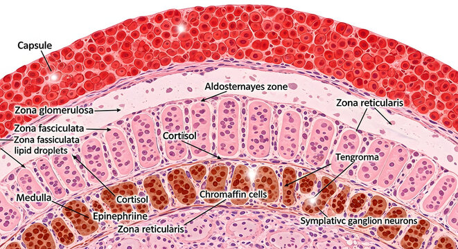 Detailed microscopic diagram of the human adrenal gland anatomy showing cortex and medulla layers