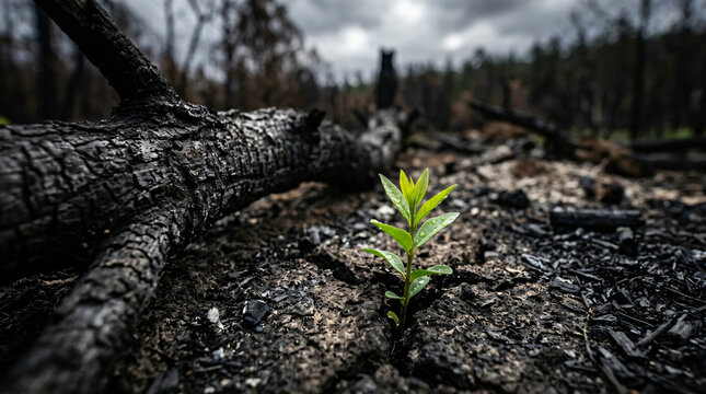 Dramatic stock photo of a small green plant sprout growing from black ash next to a charred branch. Low-angle close-up of forest wildfire recovery, environmental rebirth, and nature conservation.