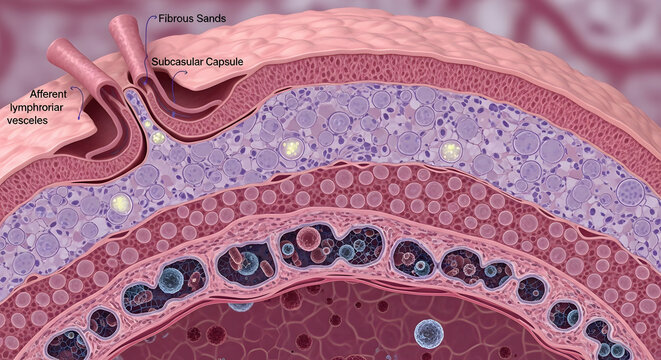 Detailed cross-section illustration of human lymph node structure showcasing fibrous capsule and afferent lymphatic vessels