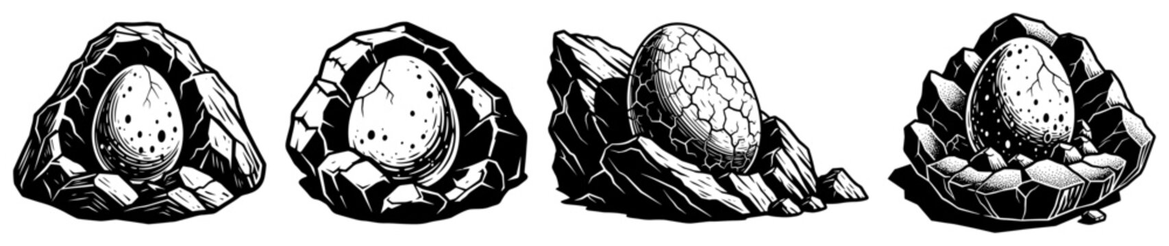 Prehistoric dinosaur eggs in rocky nests, dragon eggs in stone environment set, fantasy archaeological discovery, vintage engraving