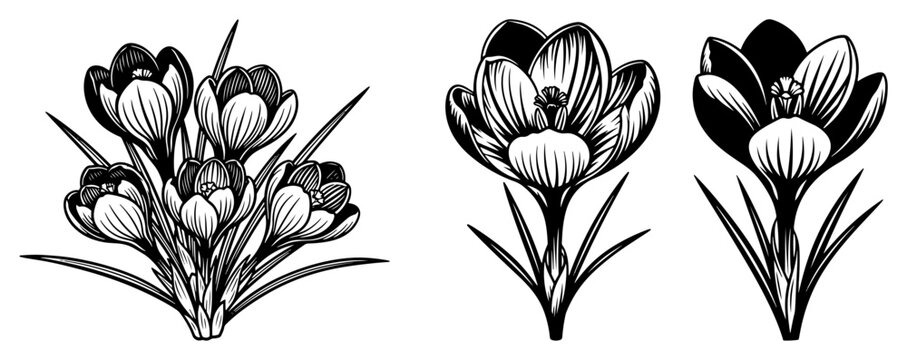 Spring crocus flowers set, early blooming botanical garden elements, vintage woodcut engraving style illustration
