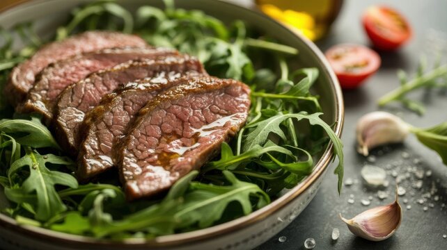 A national dish of Italian cuisine. 
Straccetti con rucola &mdash; a dish made from thin slices of beef, saut&eacute;ed in white wine and served warm on a bed of arugula. 