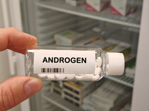 ANDROGEN for testosterone deficiency hypogonadism delayed puberty and hormone replacement treatment bottle with tablets in pharmacy
