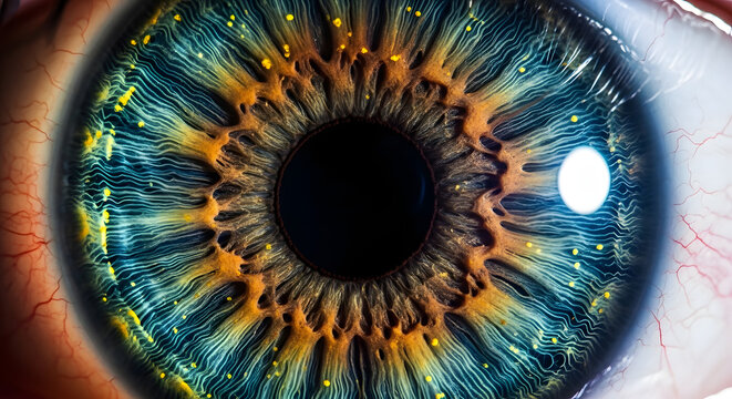 Macro shot of a human eye, showcasing the intricate details of the iris with vibrant colors and textures