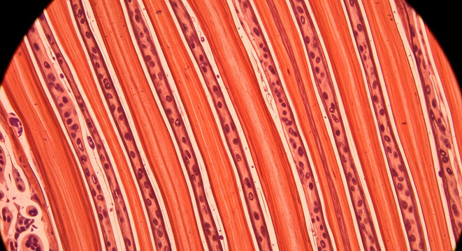Microscopic View of Skeletal Muscle Tissue Showing Striated Fibers and Peripheral Nuclei in Longitudinal Section