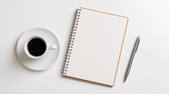 Minimal workspace with blank spiral notebook, coffee cup and pen on white background, top view with copy space