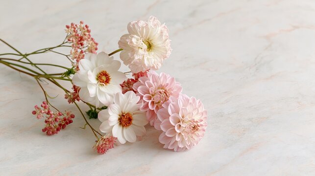 Delicate pink dahlias and white autumn flowers arranged on a light background with generous copy space