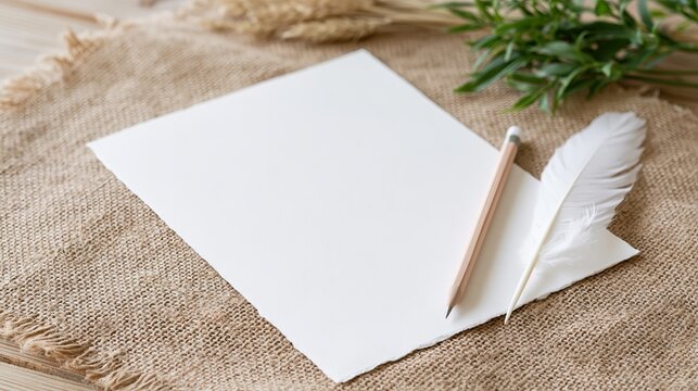 Blank paper with pencil and white feather on rustic burlap, creative writing and stationery mockup with copy space