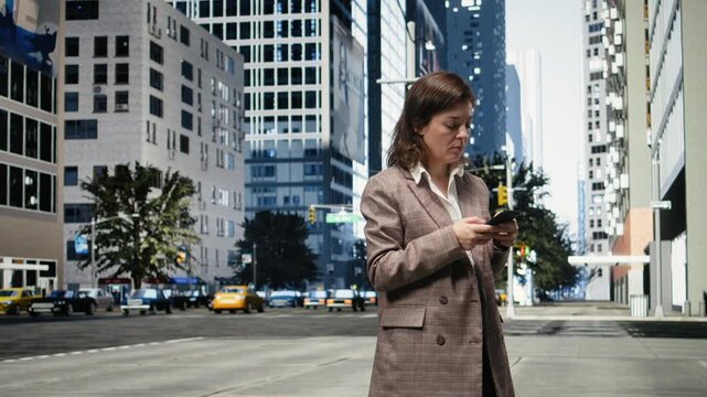 Confused businesswoman checks a map app for directions on a busy downtown street; she uses mobile navigation to find the correct route to her destination.