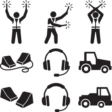Airport ground crew signals and ground support equipment icons set civil aviation day