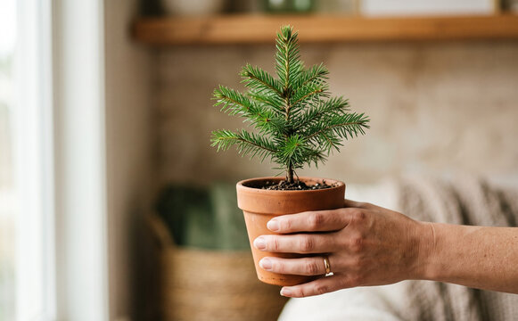 Person holding small potted pine tree indoors representing nature growth and sustainability