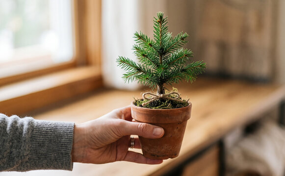 Woman holding a small potted evergreen tree in a clay pot, miniature pine for cozy winter holiday home decor and rustic Christmas concept