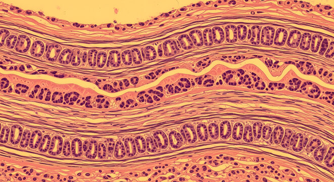Vibrant microscopic image revealing the intricate layered architecture of biological tissue, showcasing glandular cells and connective components essential for scientific and medical education