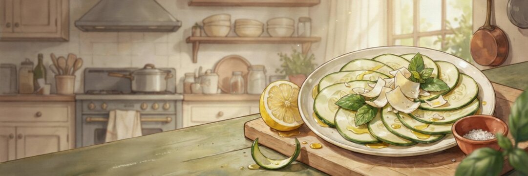 A national dish of Italian cuisine. 
Zucchini carpaccio (Zucchine Crude) &mdash; the thinnest slices of raw zucchini, marinated in lemon juice, with mint and pecorino. A banner with space for text. 