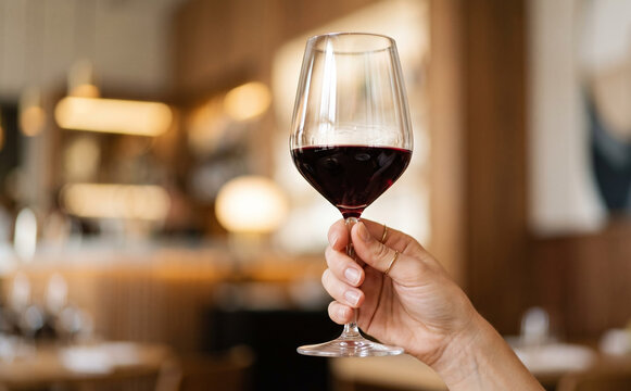 Hand holding a glass of red wine in a restaurant for dining and tasting concepts