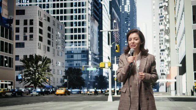 City reporter uses a microphone to produce street reportage; the media professional presents a news segment outdoors on a busy downtown street.