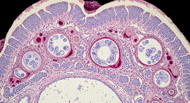 Microscopic view of Ascaris lumbricoides cross section showing uterine tubes with eggs