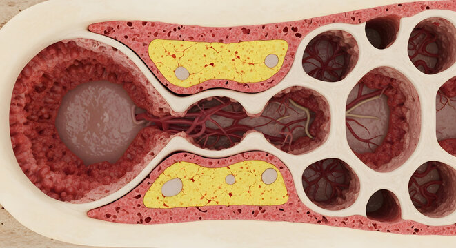 Cross-section diagram of bone tissue anatomy showing spongy trabeculae and yellow bone marrow