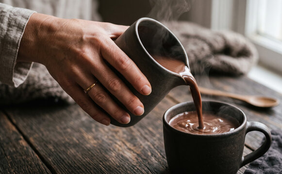 Woman pouring steaming hot chocolate from a ceramic pitcher into a rustic mug on a wooden table, cozy winter morning concept