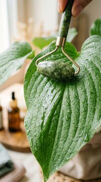Green jade roller massaging a vibrant tropical leaf for sensory wellness