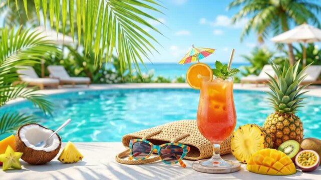 Tropical cocktail with pineapple mango and kiwi by swimming pool. Exotic fruits arrangement including coconut and passionfruit. Summer vacation refreshment concept for beach relaxation