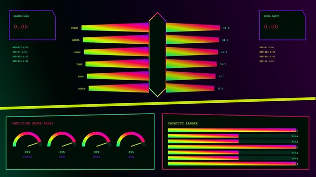 A digital skill matrix interface displays fluctuating data levels across multiple panels showing various metrics shifting in a dark virtual environment with vibrant glowing light bars
