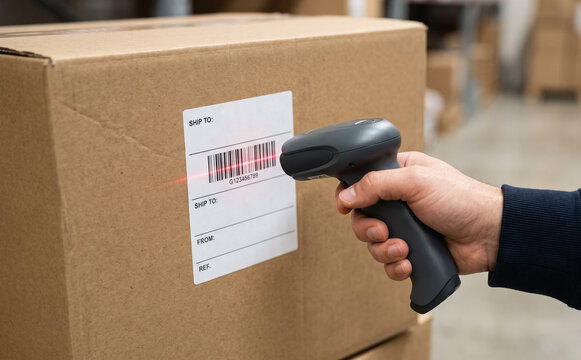 Warehouse worker scanning barcode label on cardboard shipping box with handheld laser scanner