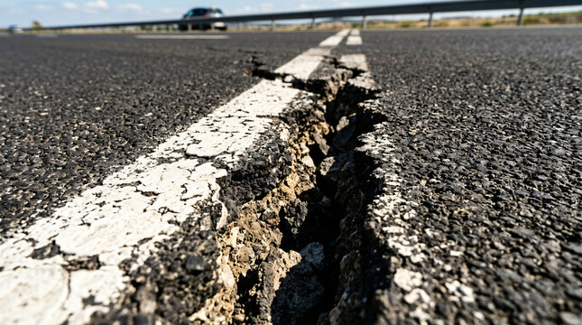 Commercial stock photo of a deep wide crack splitting a black asphalt road on a white line. Ground-level close-up of damaged highway infrastructure, pothole repair need, and asphalt texture.