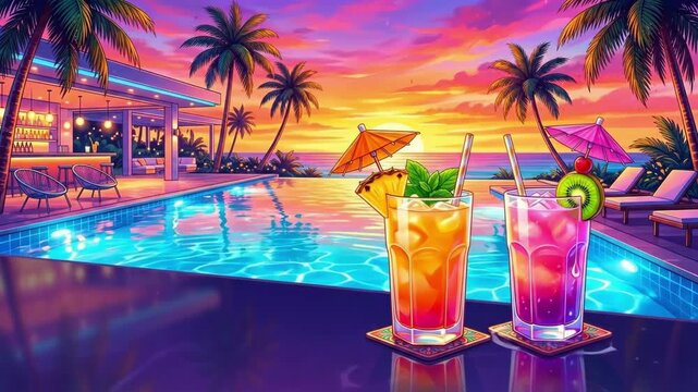 Vibrant cocktails on bar counter at tropical poolside during sunset. Neon-lit resort with palm trees ocean view and lounge chairs. Relaxation and vacation theme in summer paradise