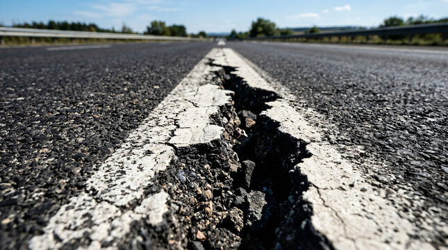 Commercial stock photo of a deep wide crack splitting a black asphalt road on a white line. Ground-level close-up of damaged highway infrastructure, pothole repair need, and asphalt texture.