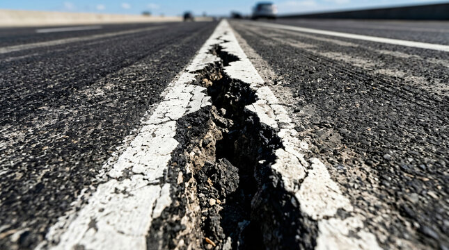 Commercial stock photo of a deep wide crack splitting a black asphalt road on a white line. Ground-level close-up of damaged highway infrastructure, pothole repair need, and asphalt texture.