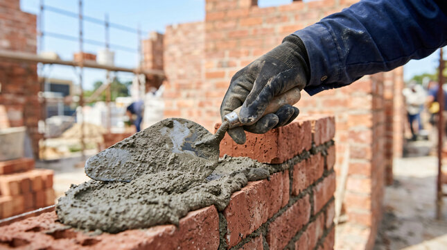 Commercial stock photo of a construction worker applying wet cement mortar with a steel trowel tool. Close-up of bricklaying masonry process, manual labor, and concrete building material texture.