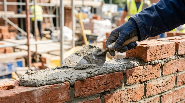 Commercial stock photo of a construction worker applying wet cement mortar with a steel trowel tool. Close-up of bricklaying masonry process, manual labor, and concrete building material texture.