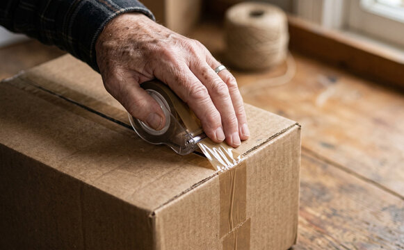 Senior man sealing cardboard box with adhesive tape for shipping or moving in a workshop