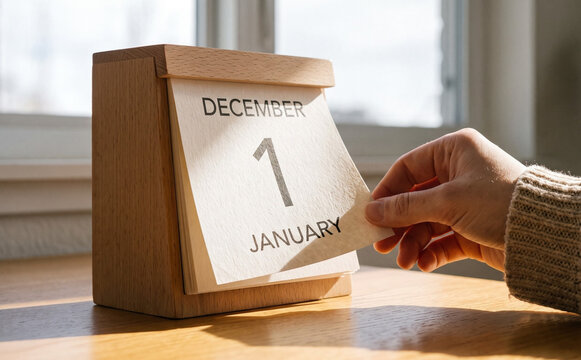 Wooden desk calendar showing December 1 turning to January, representing new year start, time change, and planning
