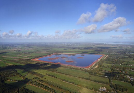 Aerial view, red sludge landfill, Stade, Lower Saxony, Germany