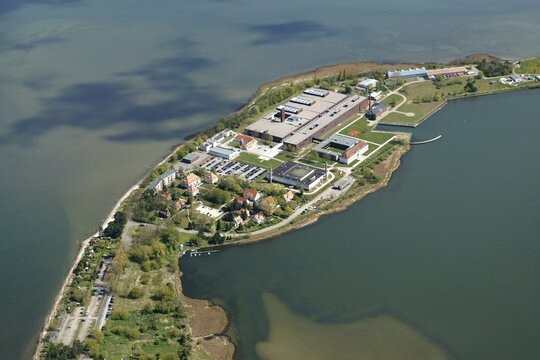 Federal Research Institute for Animal Health, aerial view, Riems Island, Mecklenburg-Western Pomerania, Germany