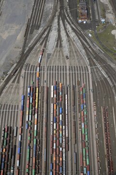 Aerial view, track system with freight trains, Maschen marshalling yard, Lower Saxony, Germany